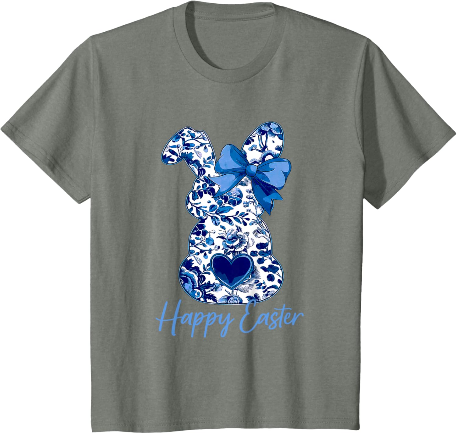 Easter Chinoiserie Floral Bunny With Cute Blue Bow Coquette T-Shirt