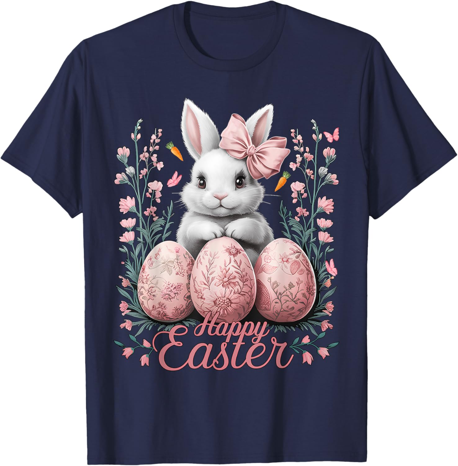 Easter Chinoiserie Floral Bunny With Cute Coquette Bow Women T-Shirt