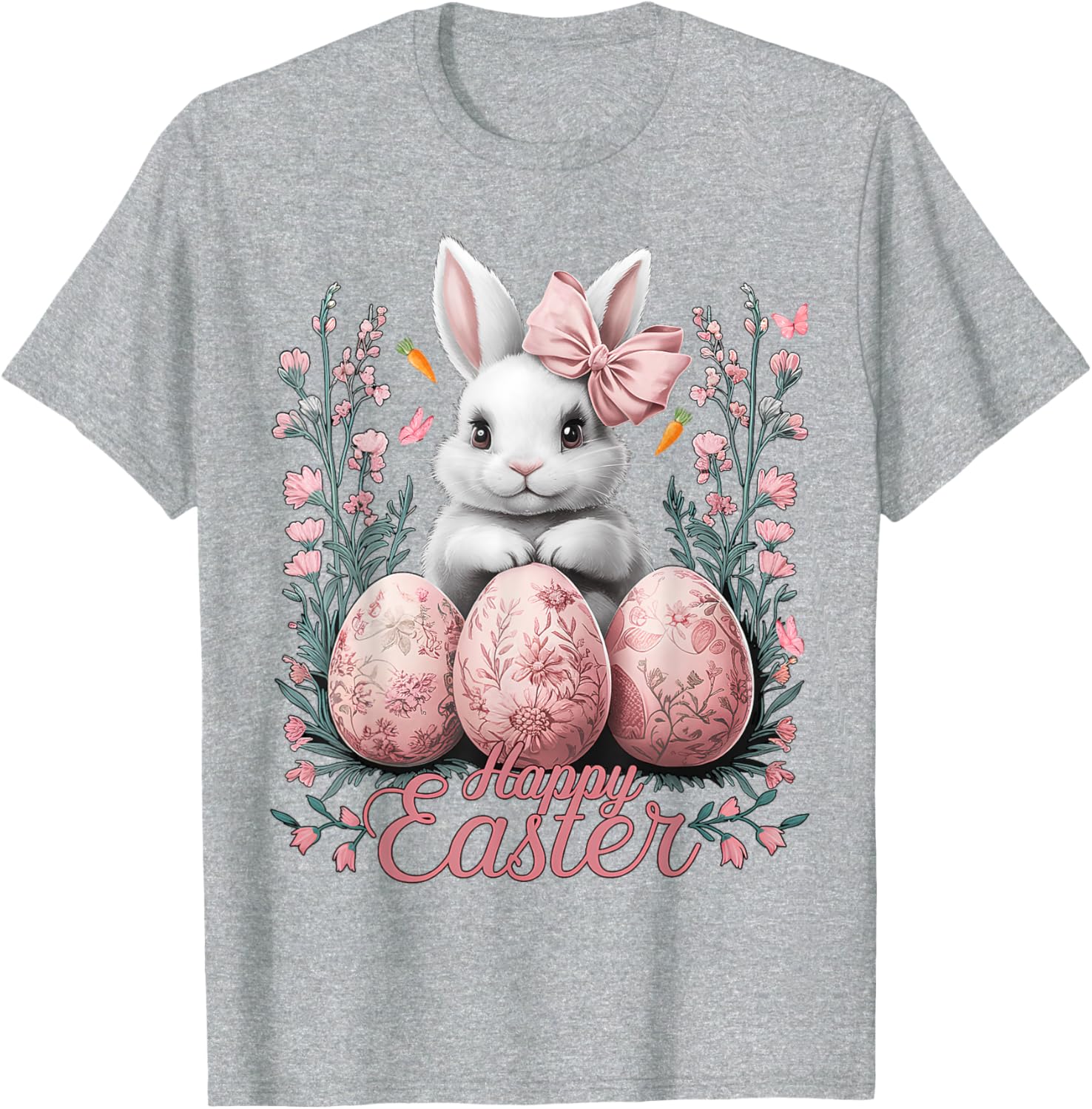 Easter Chinoiserie Floral Bunny With Cute Coquette Bow Women T-Shirt