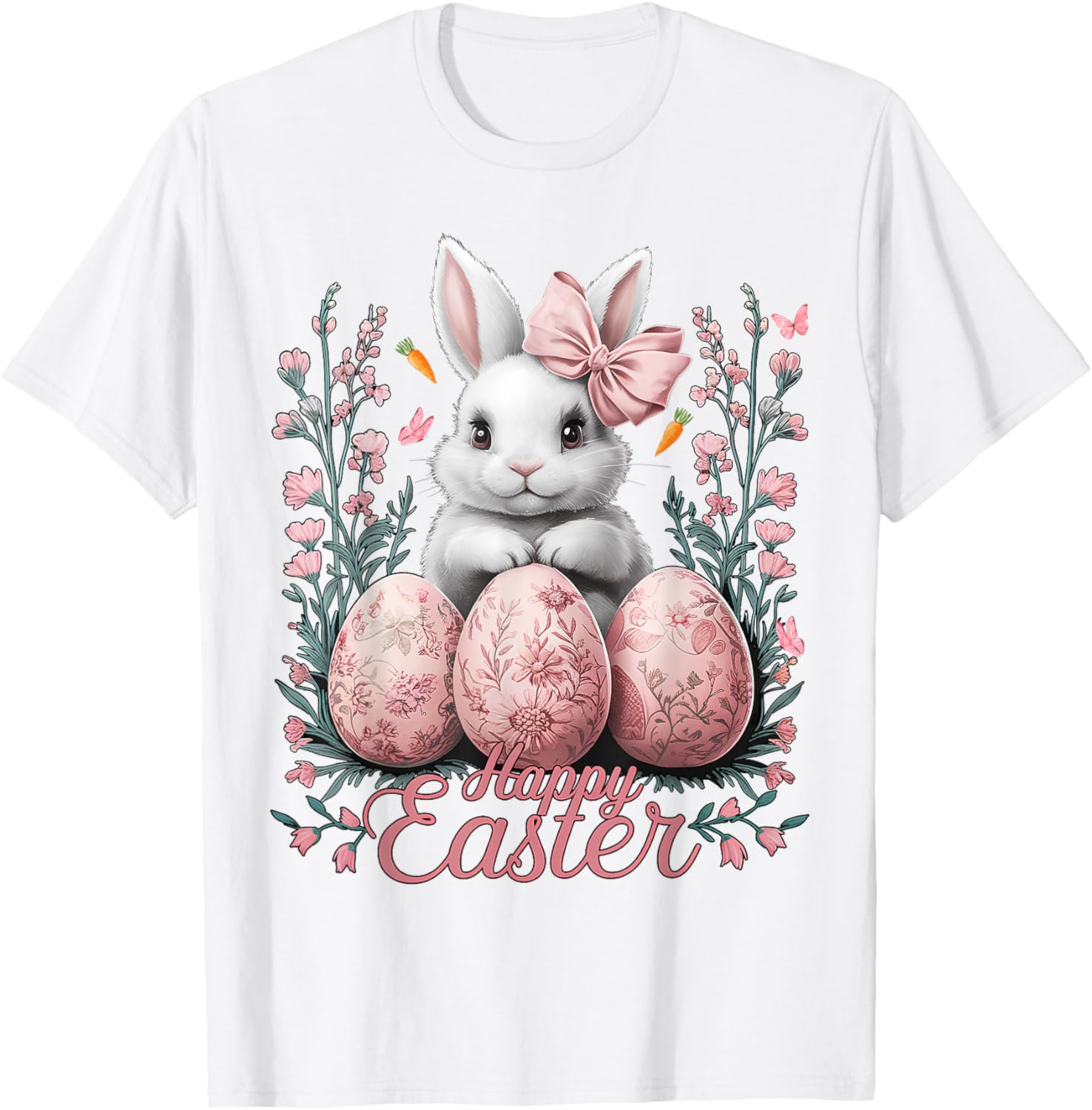 Easter Chinoiserie Floral Bunny With Cute Coquette Bow Women T-Shirt