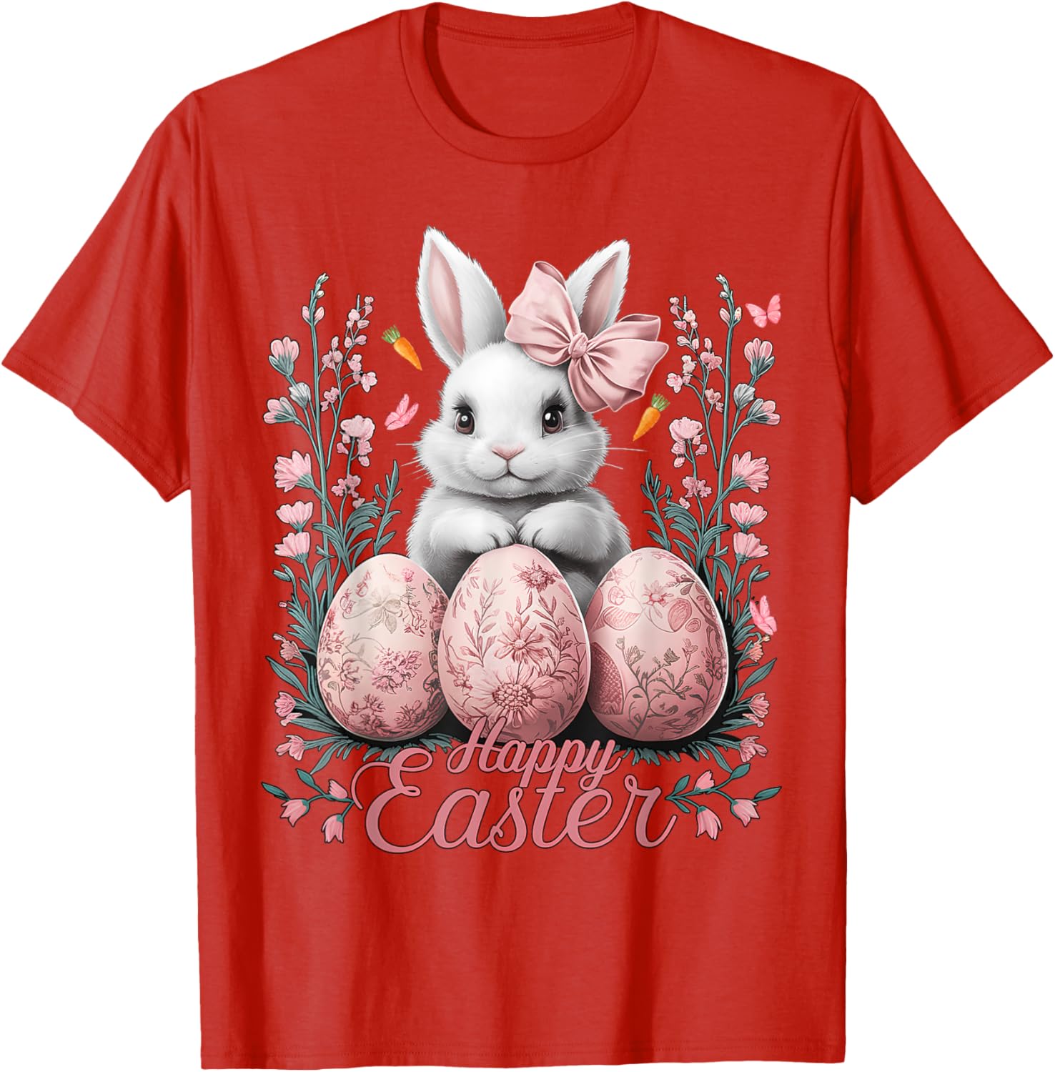 Easter Chinoiserie Floral Bunny With Cute Coquette Bow Women T-Shirt