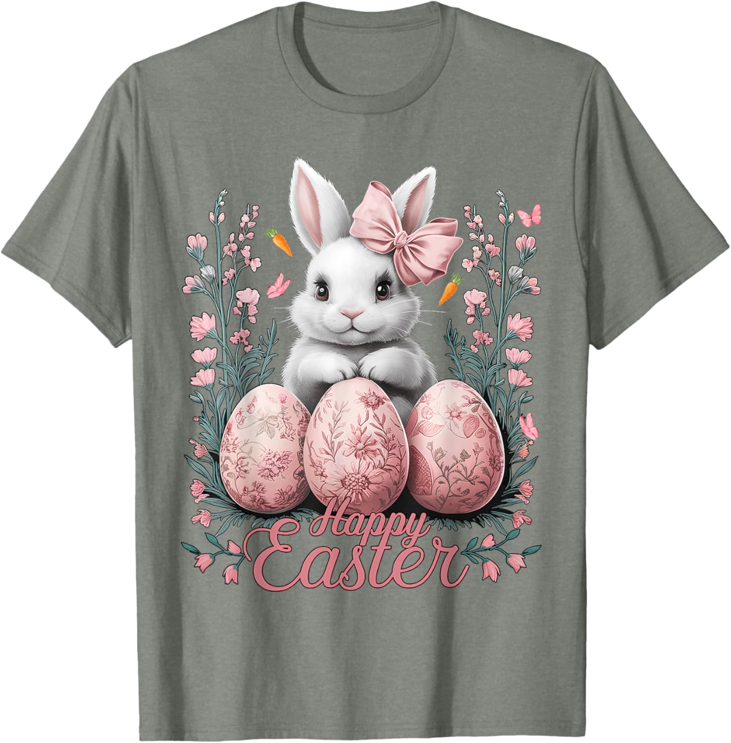 Easter Chinoiserie Floral Bunny With Cute Coquette Bow Women T-Shirt