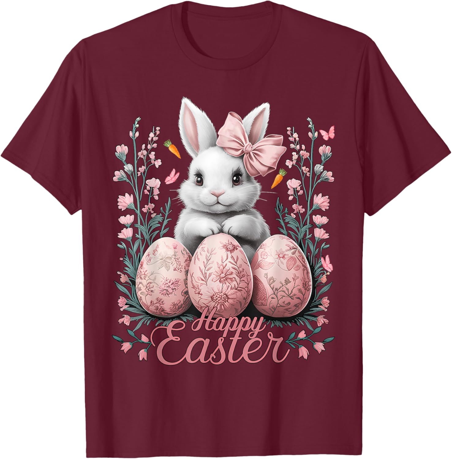 Easter Chinoiserie Floral Bunny With Cute Coquette Bow Women T-Shirt