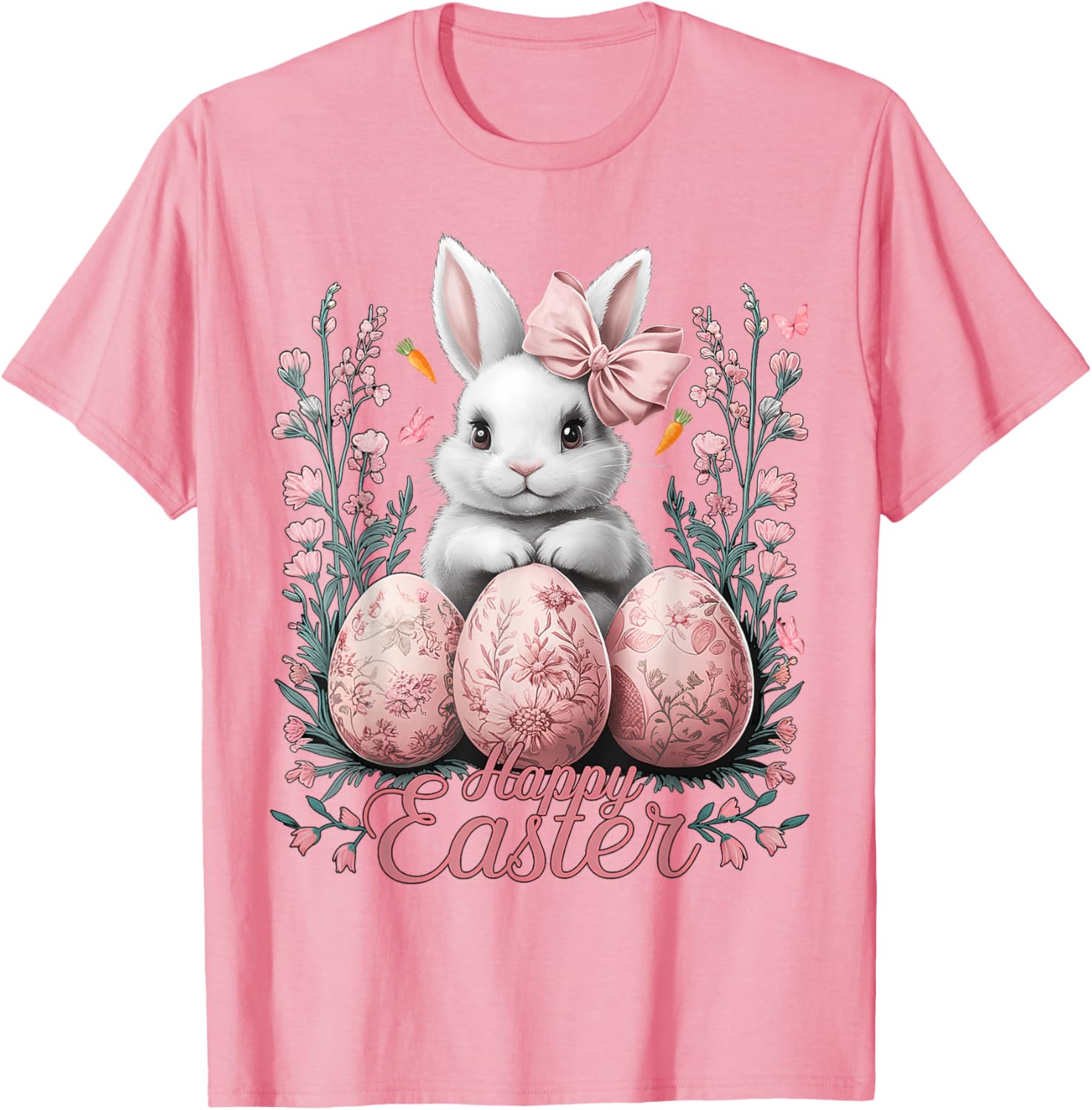 Easter Chinoiserie Floral Bunny With Cute Coquette Bow Women T-Shirt