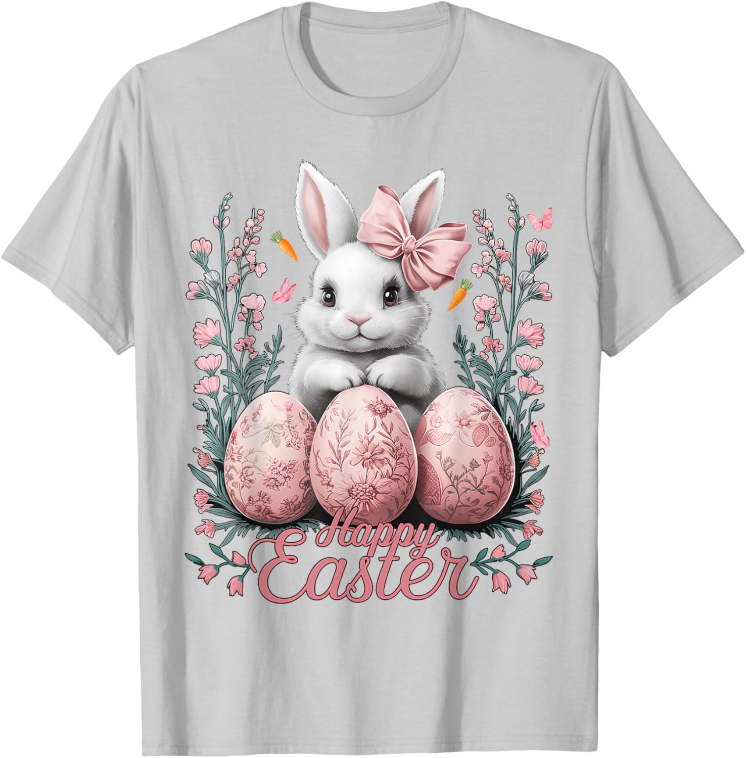 Easter Chinoiserie Floral Bunny With Cute Coquette Bow Women T-Shirt