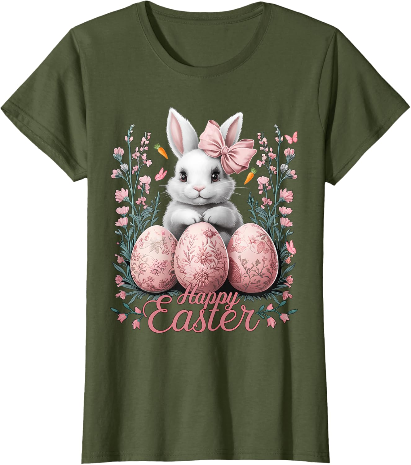 Easter Chinoiserie Floral Bunny With Cute Coquette Bow Women T-Shirt