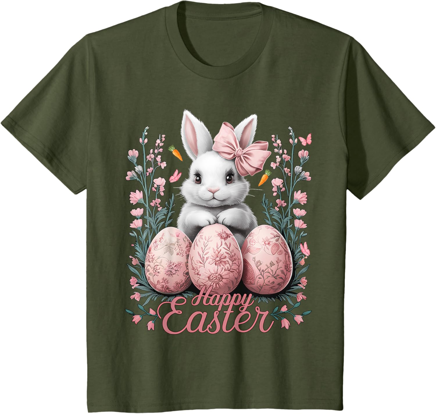 Easter Chinoiserie Floral Bunny With Cute Coquette Bow Women T-Shirt