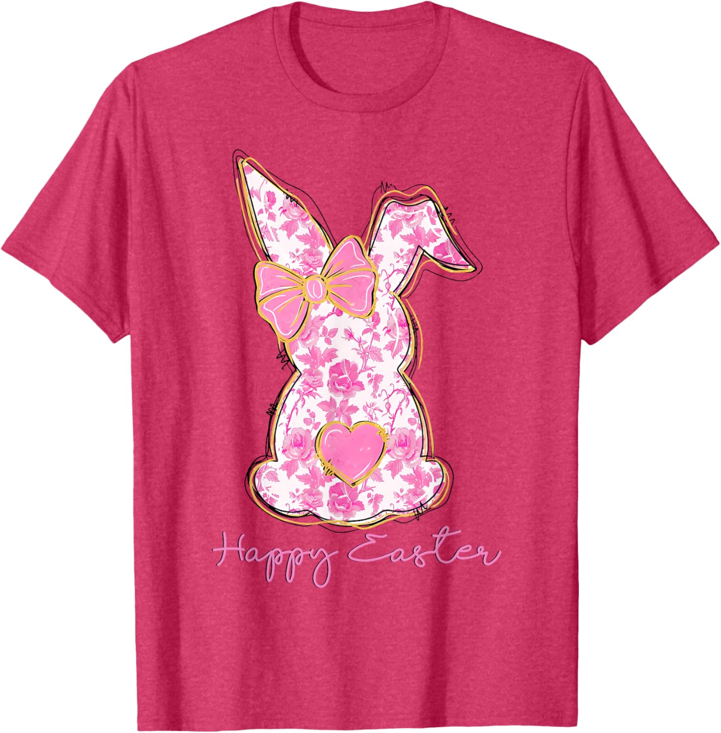 Easter Chinoiserie Floral Bunny With Cute Pink Bow Coquette T-Shirt