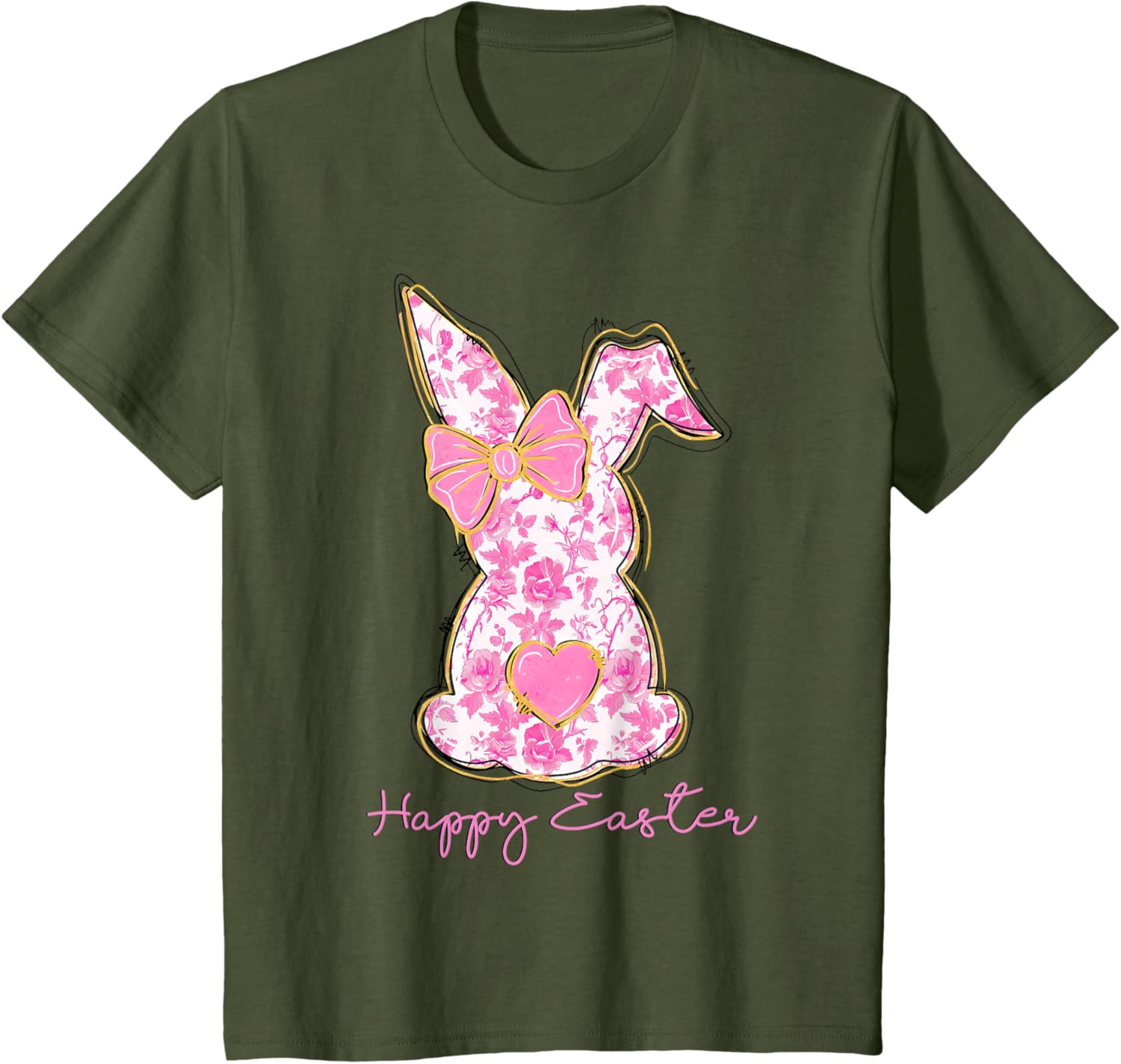 Easter Chinoiserie Floral Bunny With Cute Pink Bow Coquette T-Shirt