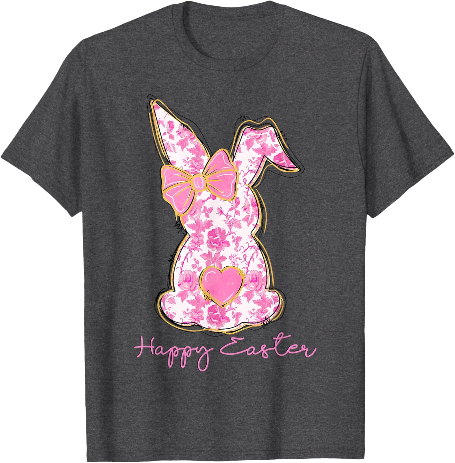 Easter Chinoiserie Floral Bunny With Cute Pink Bow Coquette T-Shirt