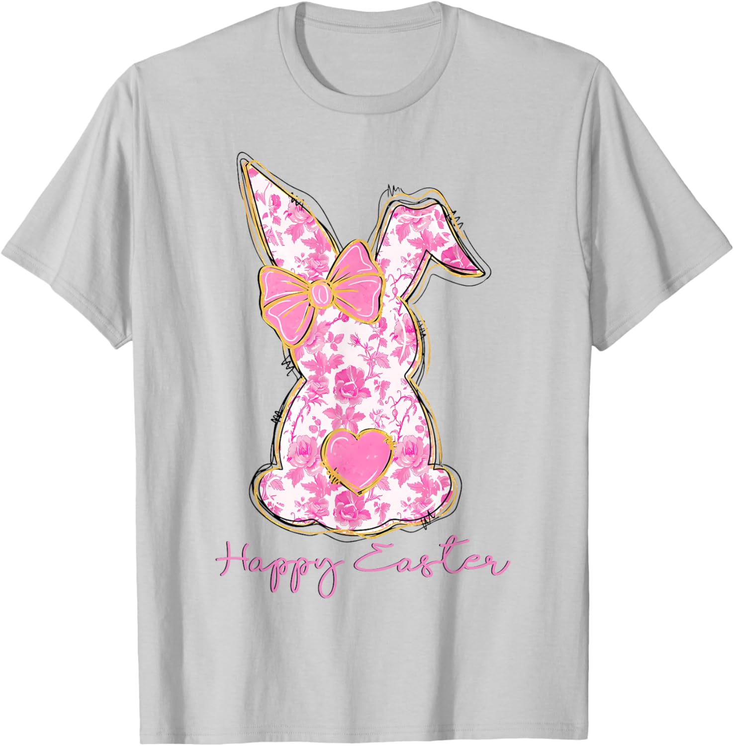 Easter Chinoiserie Floral Bunny With Cute Pink Bow Coquette T-Shirt