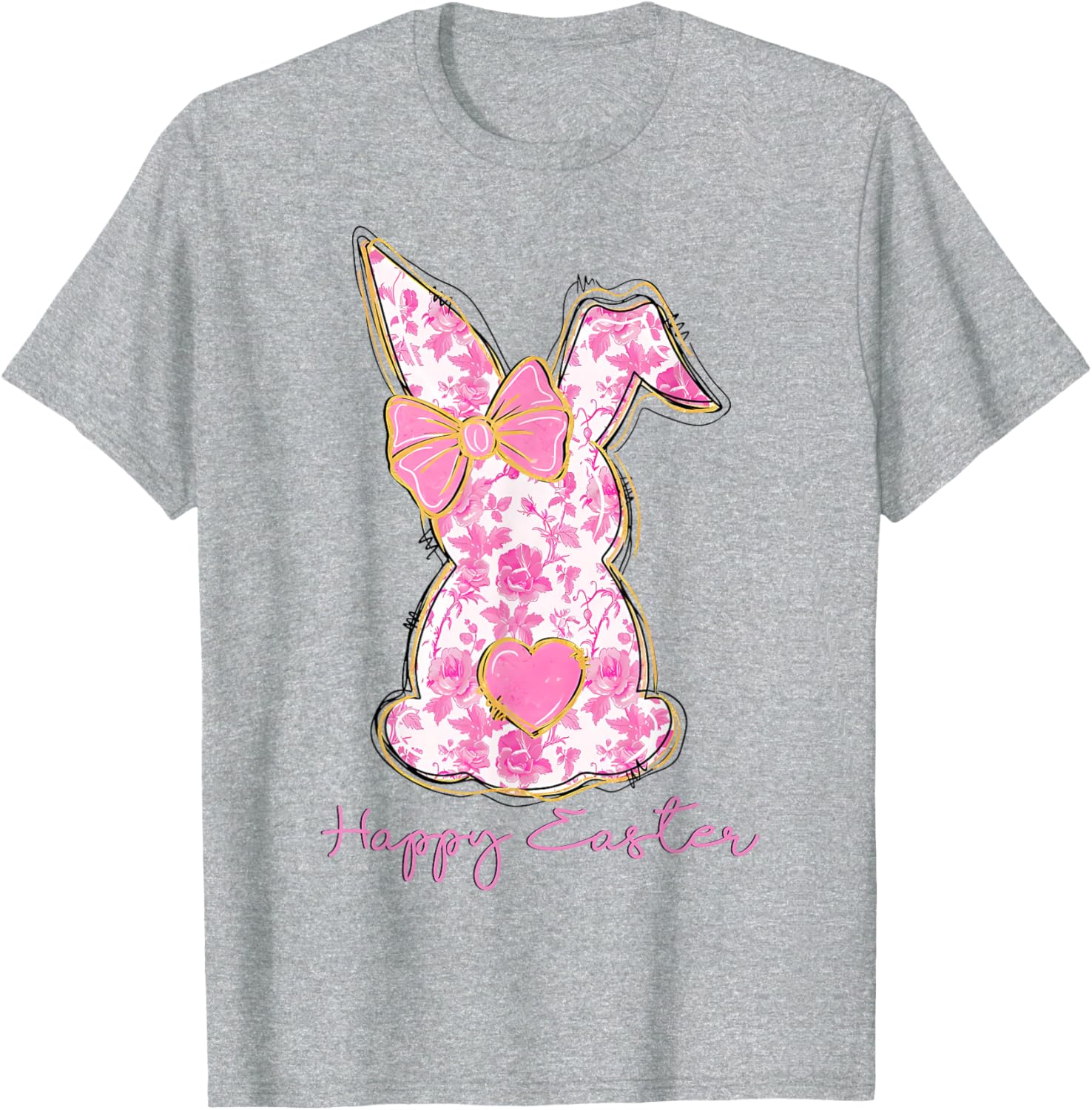 Easter Chinoiserie Floral Bunny With Cute Pink Bow Coquette T-Shirt