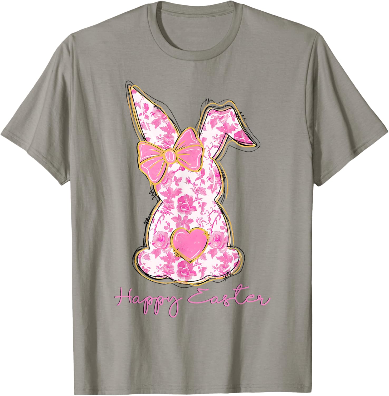 Easter Chinoiserie Floral Bunny With Cute Pink Bow Coquette T-Shirt