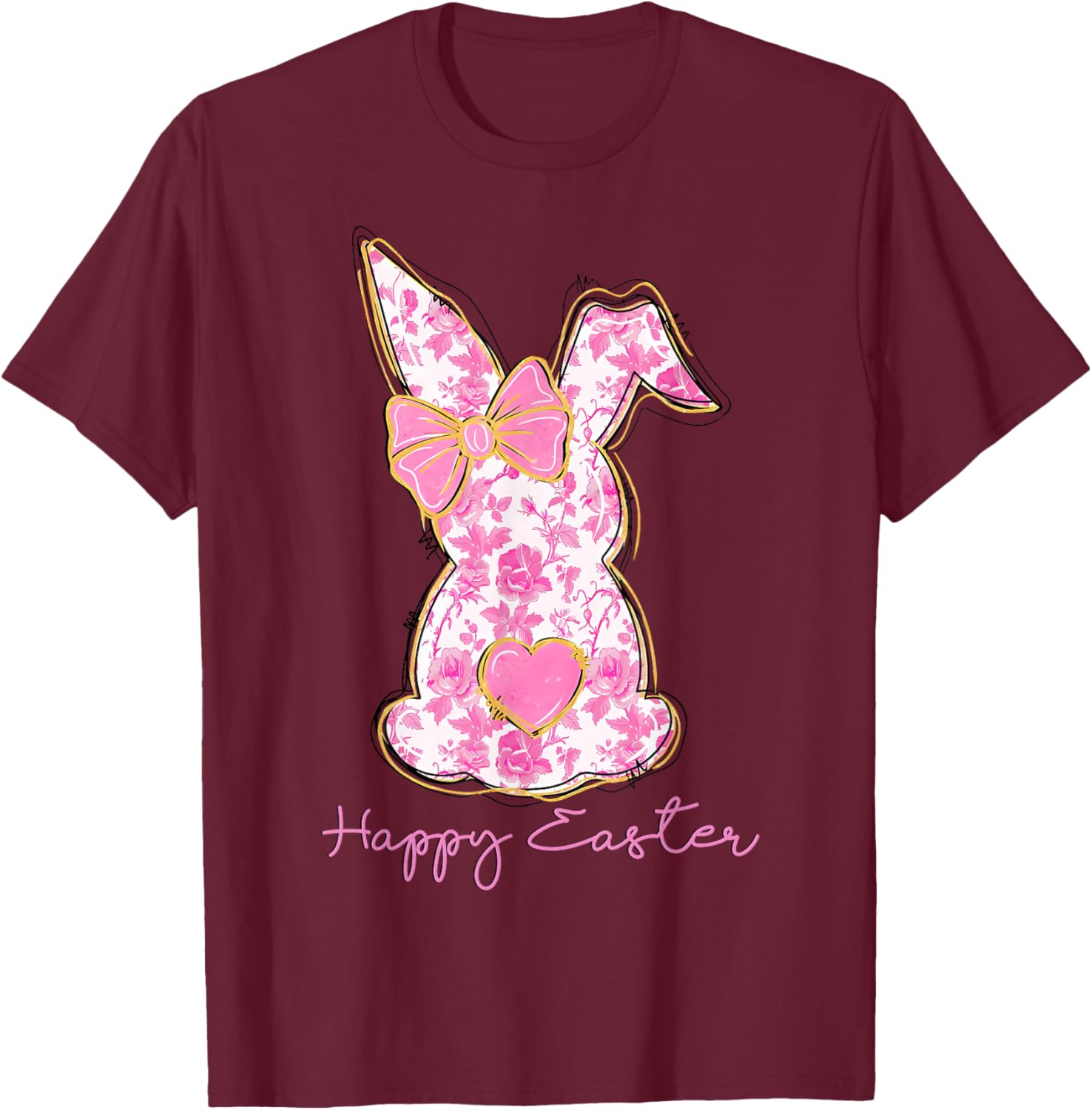 Easter Chinoiserie Floral Bunny With Cute Pink Bow Coquette T-Shirt