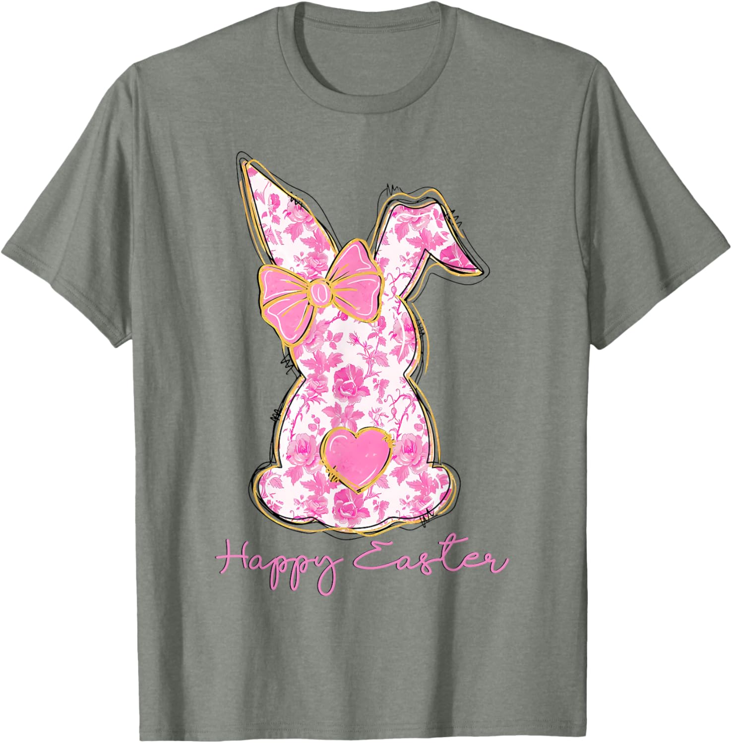 Easter Chinoiserie Floral Bunny With Cute Pink Bow Coquette T-Shirt