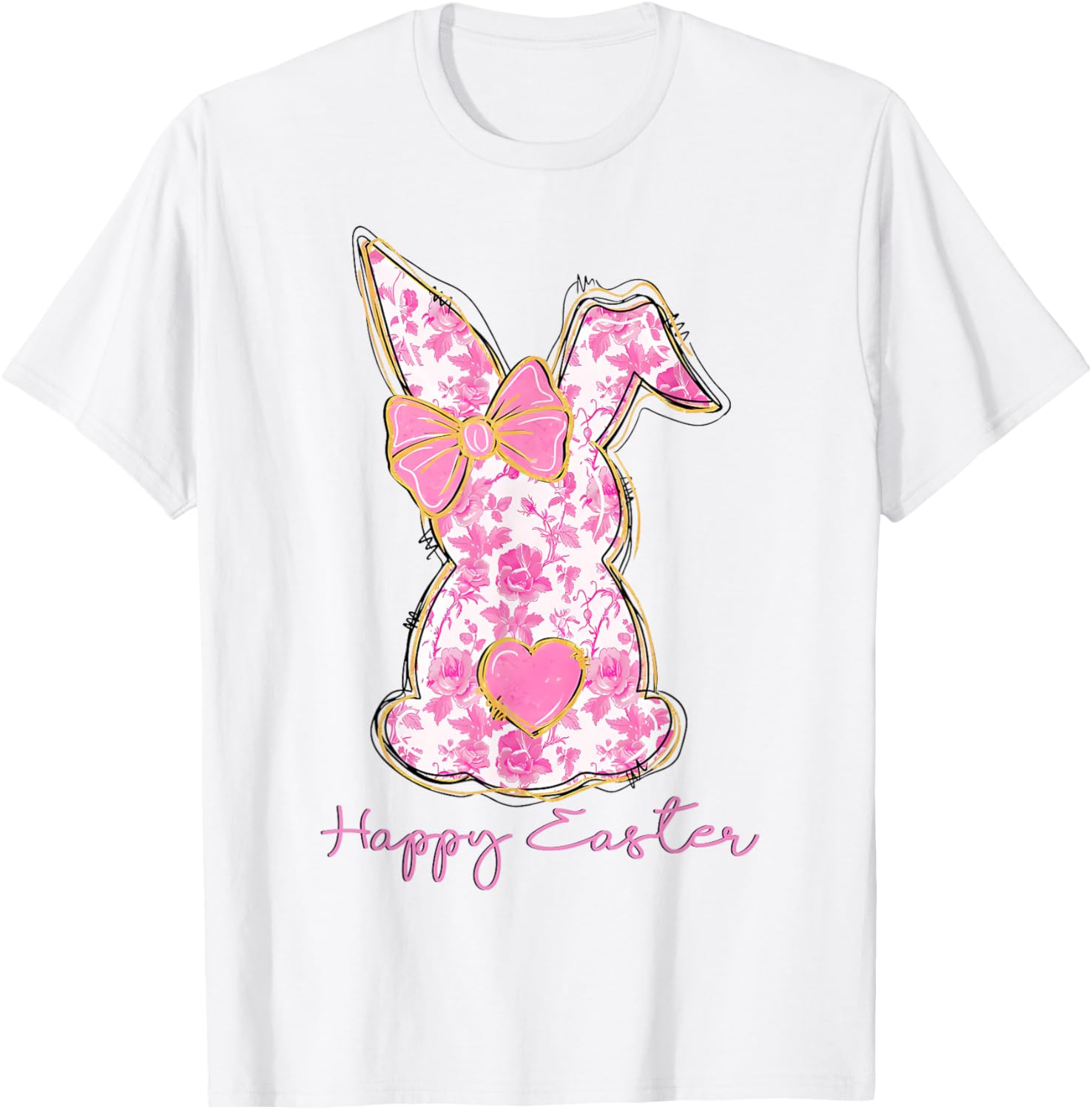 Easter Chinoiserie Floral Bunny With Cute Pink Bow Coquette T-Shirt