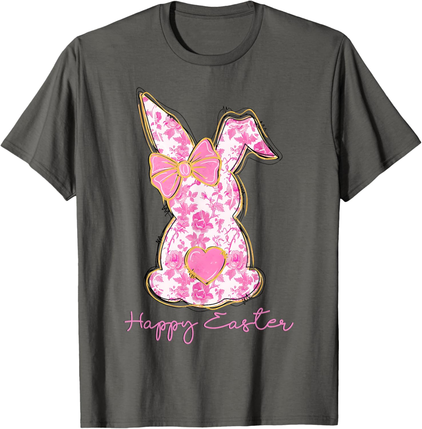 Easter Chinoiserie Floral Bunny With Cute Pink Bow Coquette T-Shirt