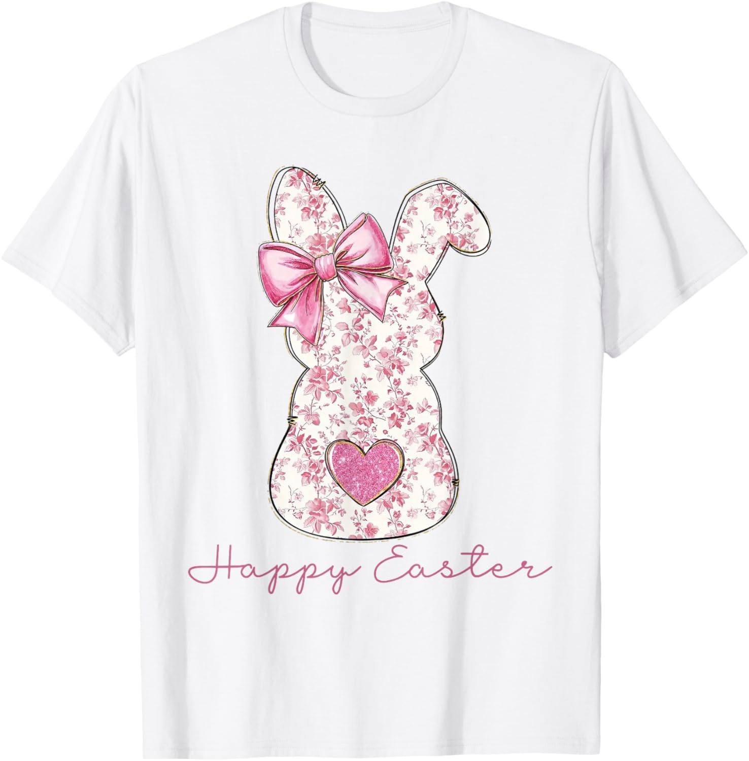 Easter Chinoiserie Floral Bunny With Cute Pink Bow Coquette T-Shirt