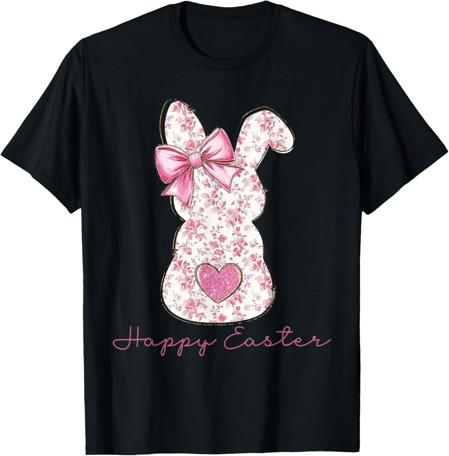 Easter Chinoiserie Floral Bunny With Cute Pink Bow Coquette T-Shirt