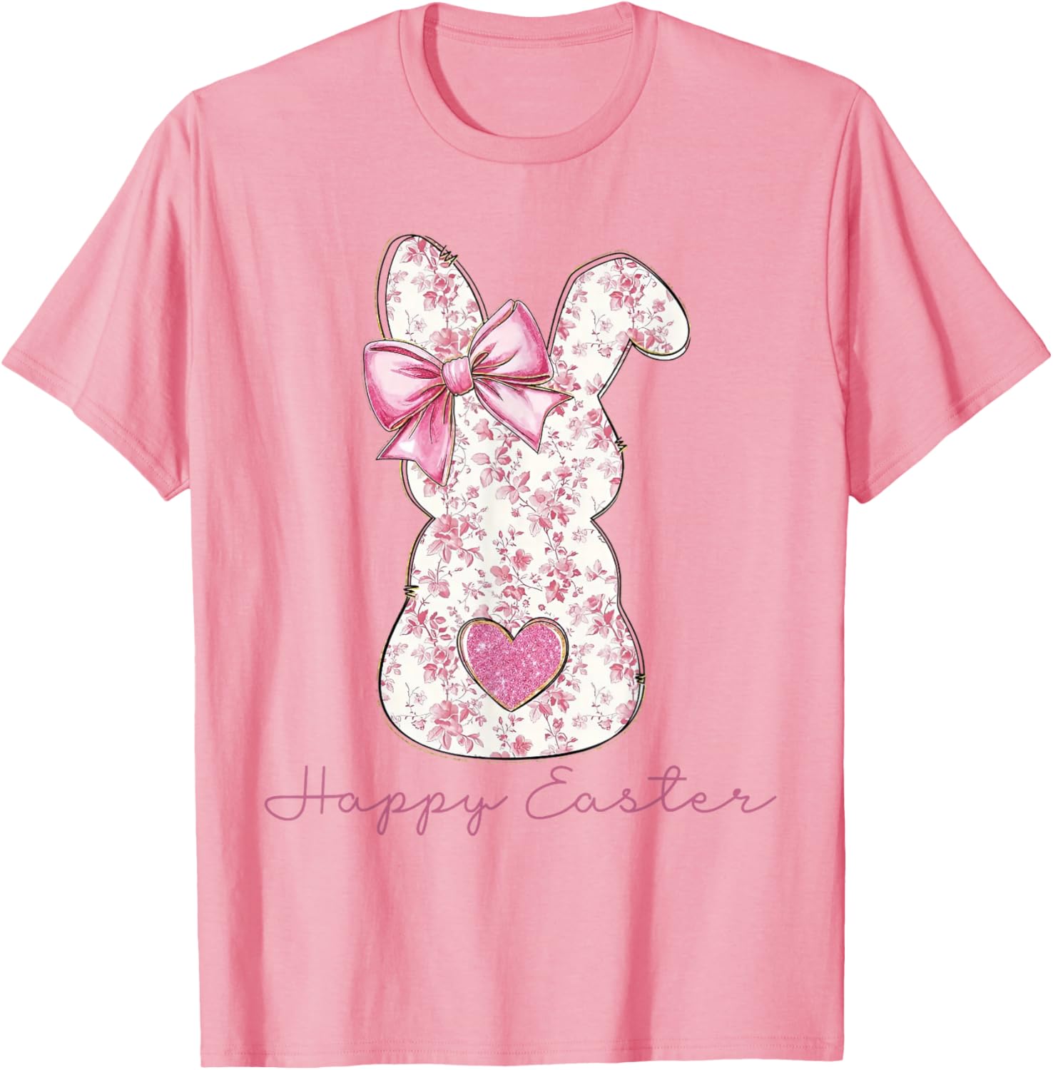 Easter Chinoiserie Floral Bunny With Cute Pink Bow Coquette T-Shirt