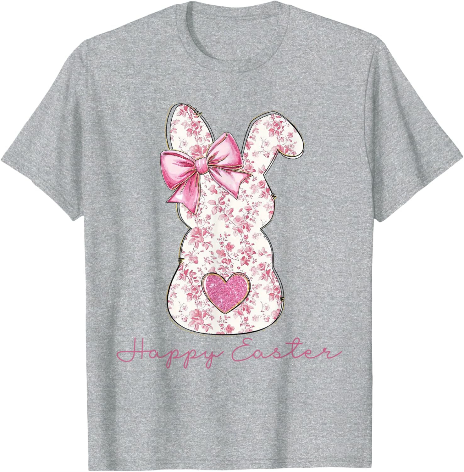 Easter Chinoiserie Floral Bunny With Cute Pink Bow Coquette T-Shirt