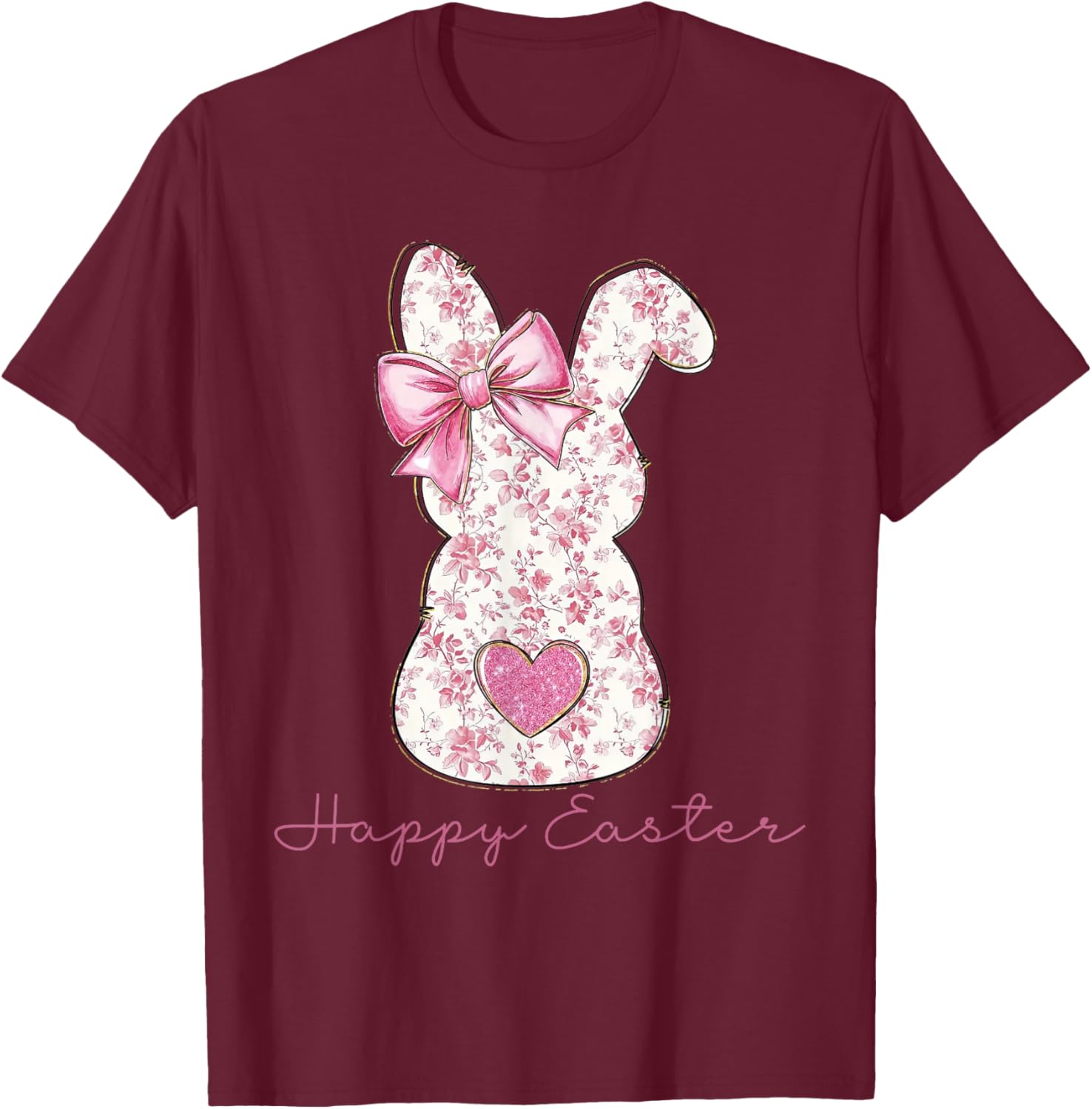 Easter Chinoiserie Floral Bunny With Cute Pink Bow Coquette T-Shirt