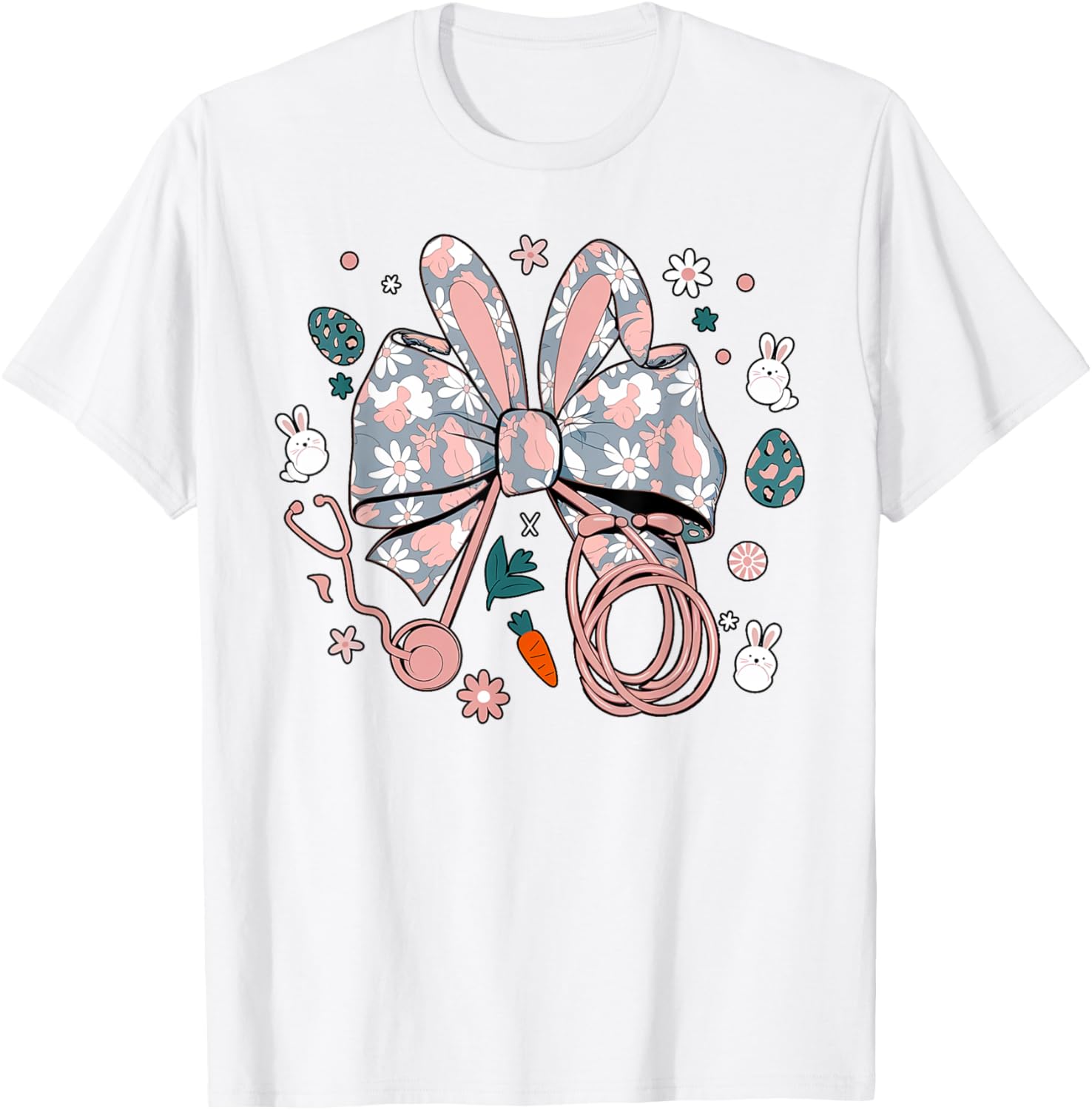 Easter Nurse Coquette Bow Stethoscope Bunny Scrub Top Rabbit T-Shirt