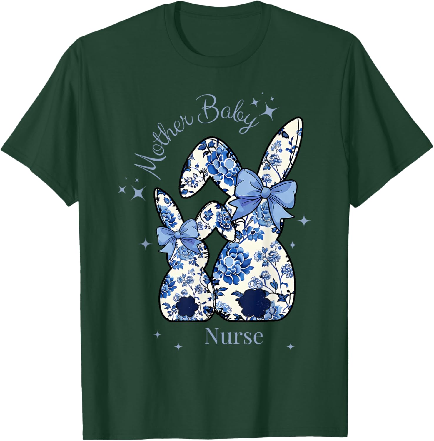 Floral Blue Coquette Bow Bunny Easter Mother Baby Nurse T-Shirt