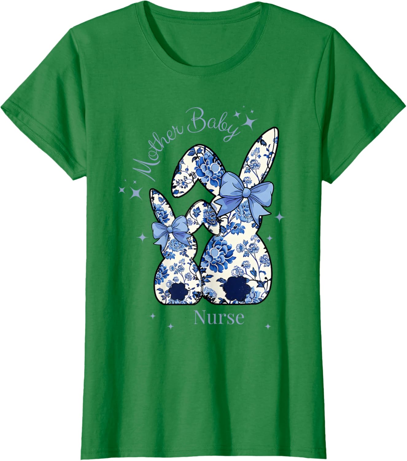 Floral Blue Coquette Bow Bunny Easter Mother Baby Nurse T-Shirt