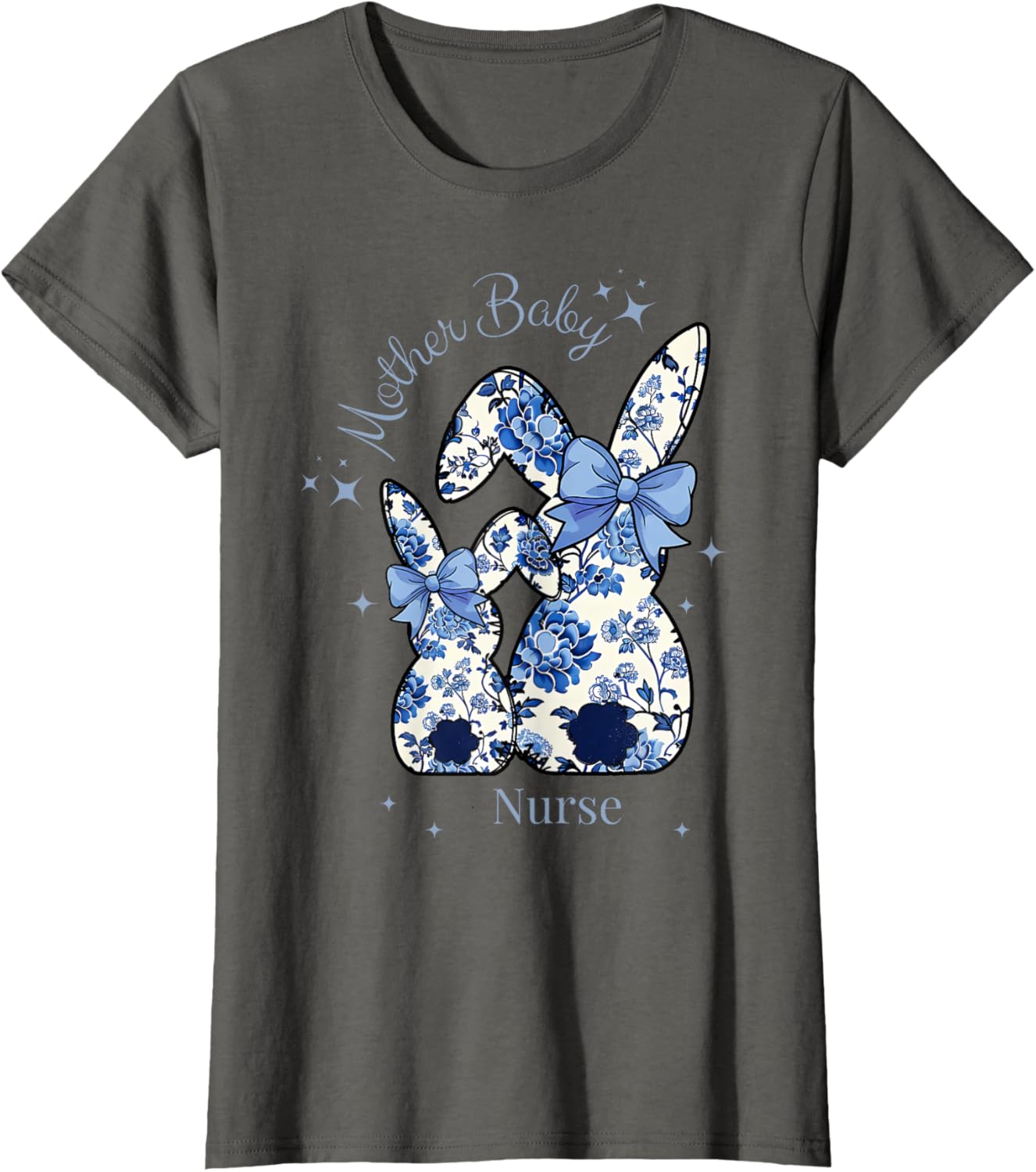 Floral Blue Coquette Bow Bunny Easter Mother Baby Nurse T-Shirt