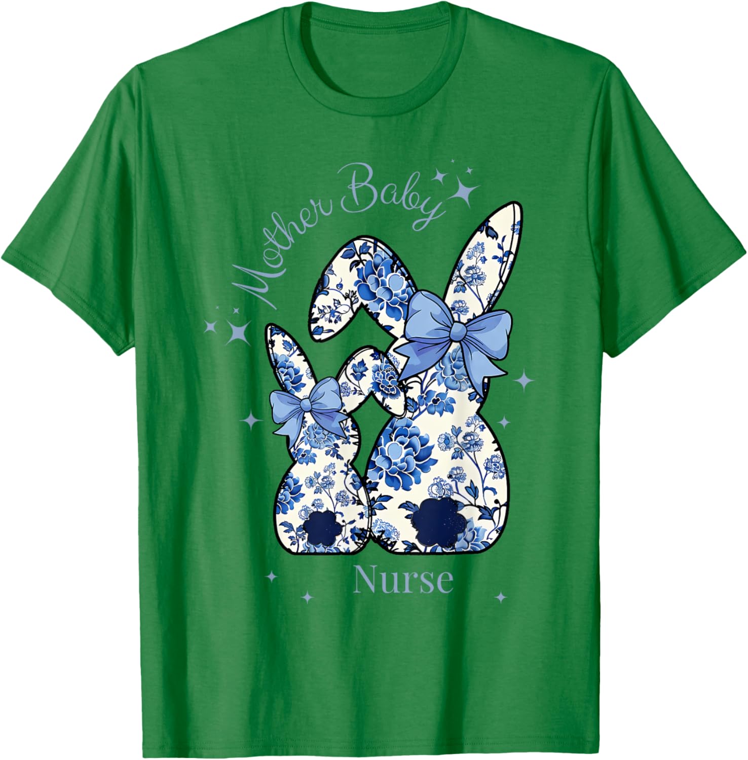 Floral Blue Coquette Bow Bunny Easter Mother Baby Nurse T-Shirt