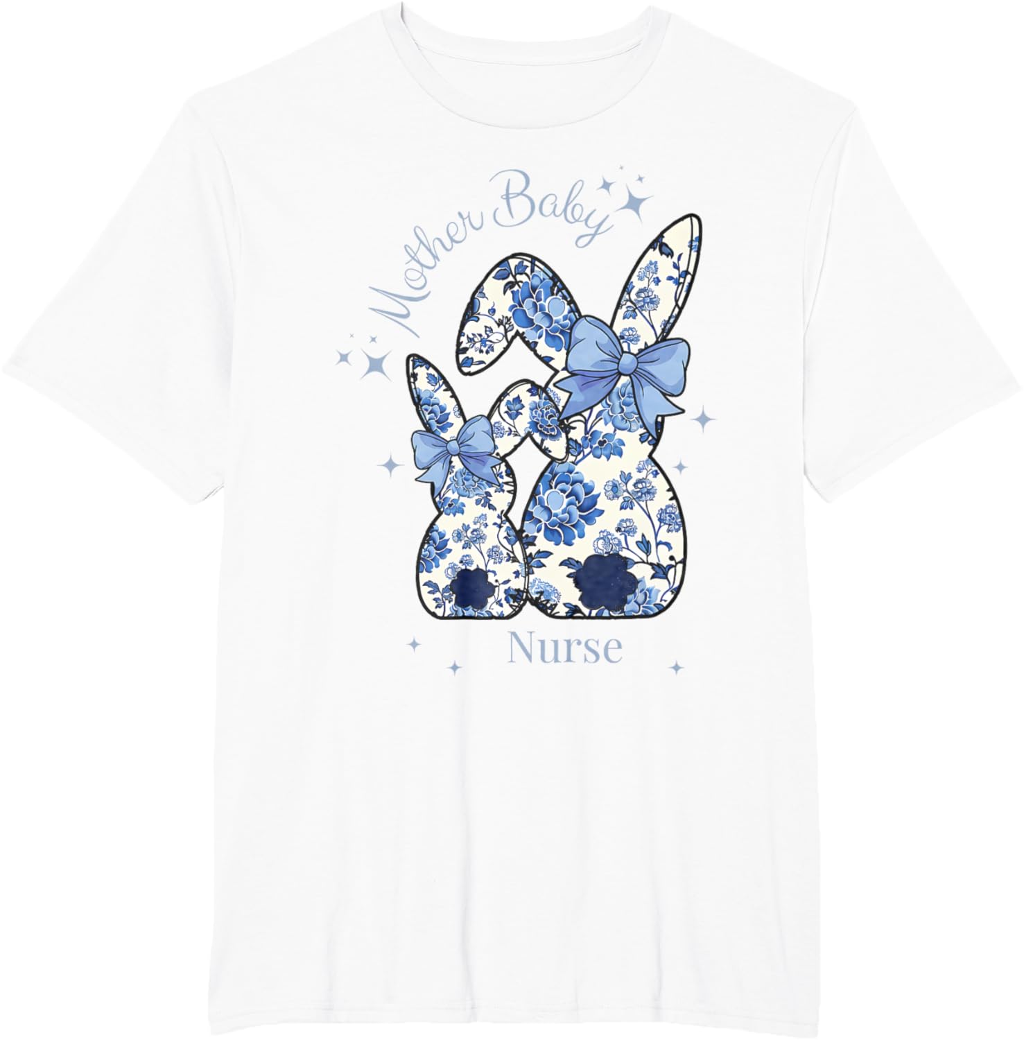 Floral Blue Coquette Bow Bunny Easter Mother Baby Nurse T-Shirt