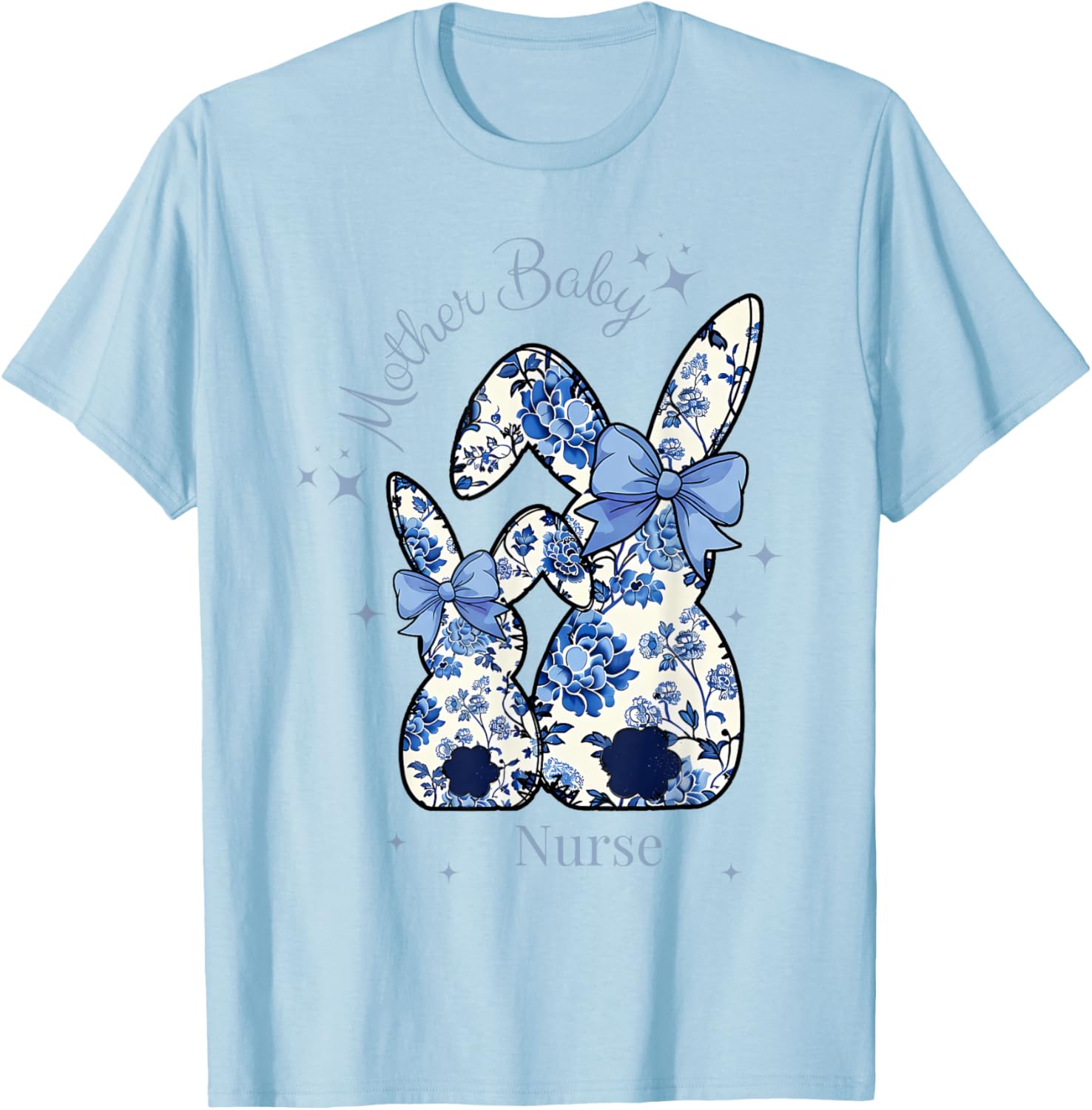 Floral Blue Coquette Bow Bunny Easter Mother Baby Nurse T-Shirt