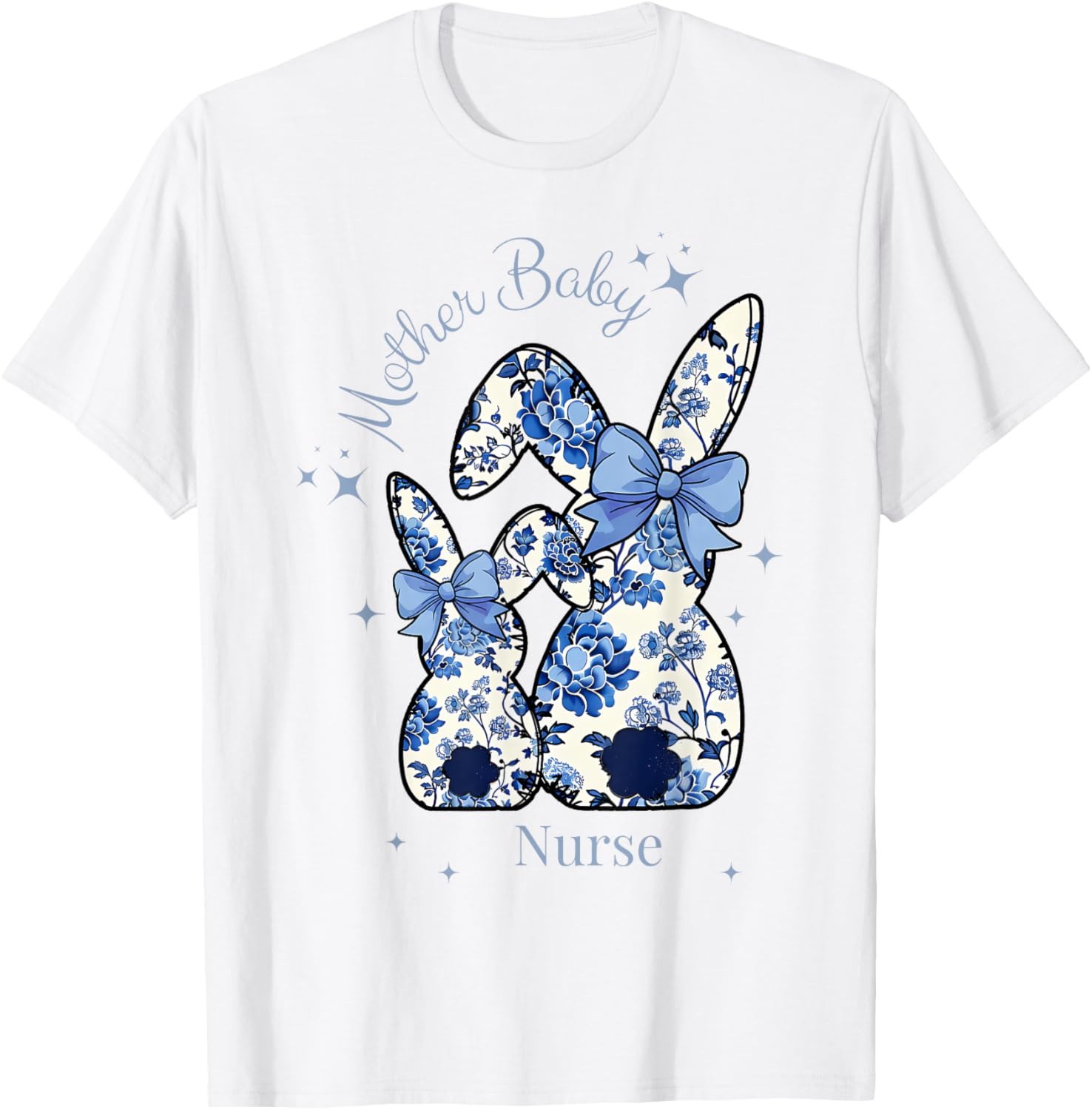 Floral Blue Coquette Bow Bunny Easter Mother Baby Nurse T-Shirt