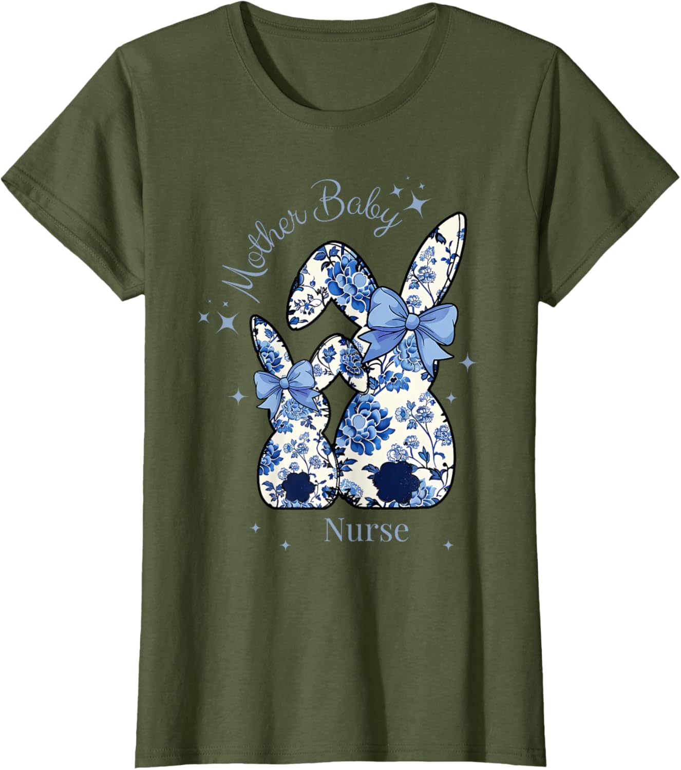 Floral Blue Coquette Bow Bunny Easter Mother Baby Nurse T-Shirt