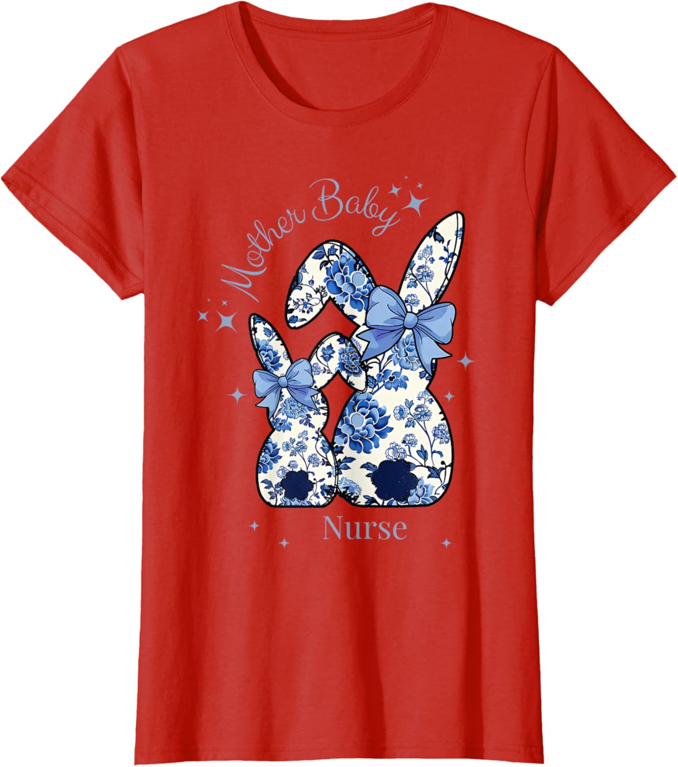 Floral Blue Coquette Bow Bunny Easter Mother Baby Nurse T-Shirt