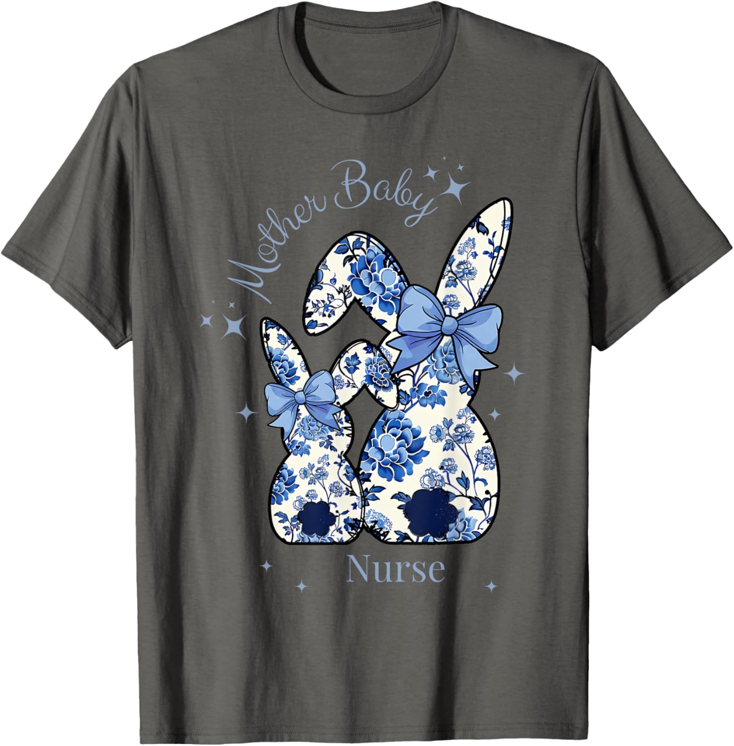 Floral Blue Coquette Bow Bunny Easter Mother Baby Nurse T-Shirt