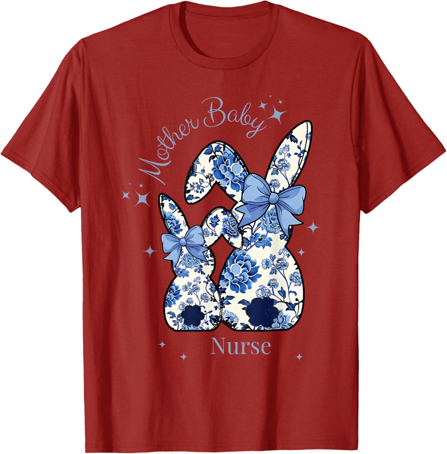 Floral Blue Coquette Bow Bunny Easter Mother Baby Nurse T-Shirt