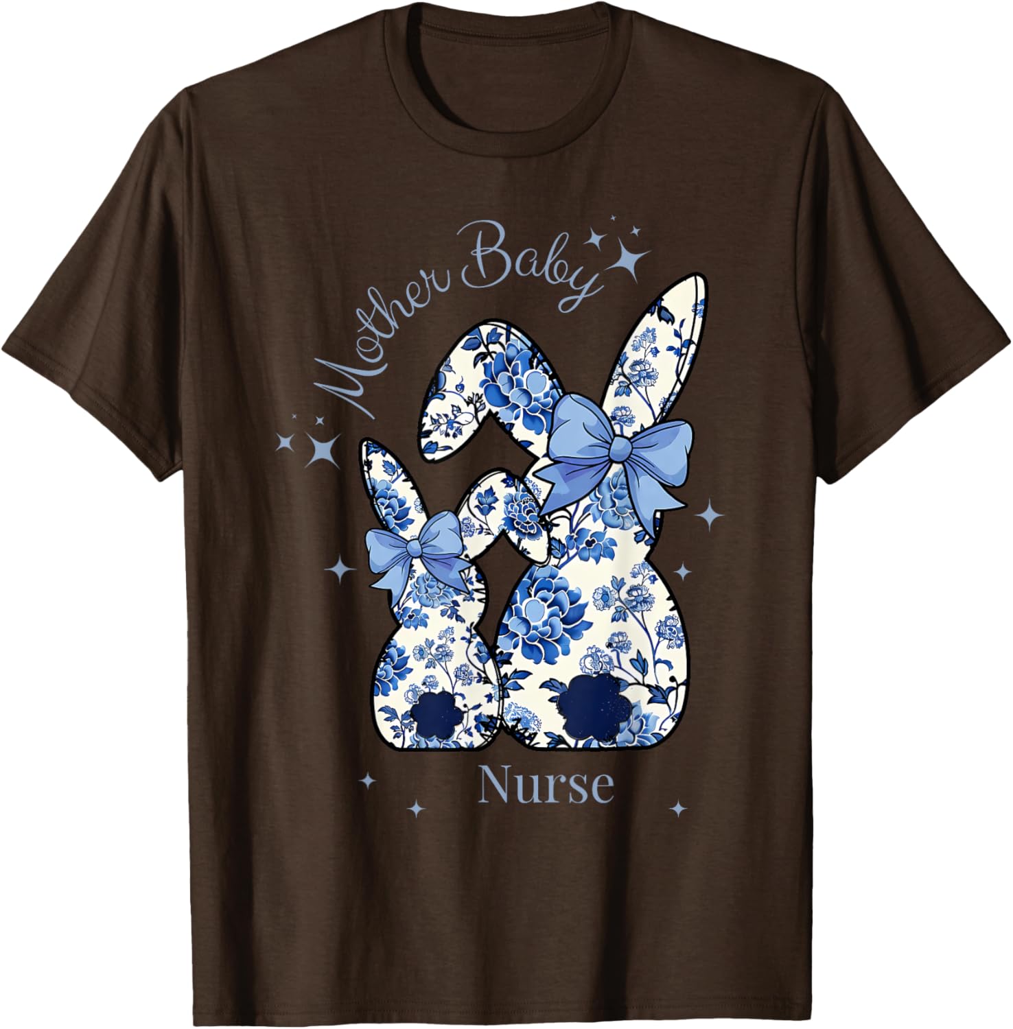 Floral Blue Coquette Bow Bunny Easter Mother Baby Nurse T-Shirt