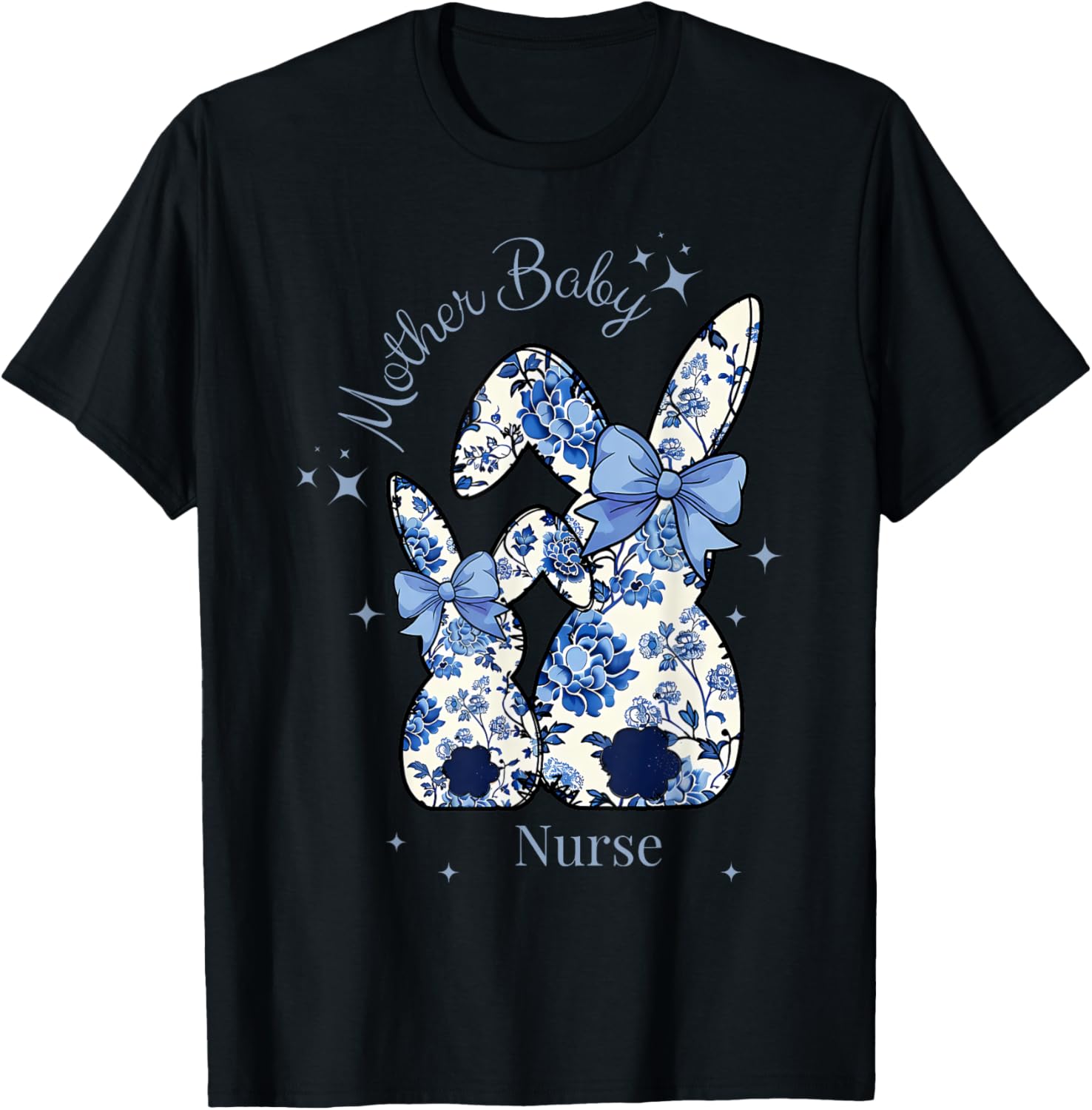 Floral Blue Coquette Bow Bunny Easter Mother Baby Nurse T-Shirt