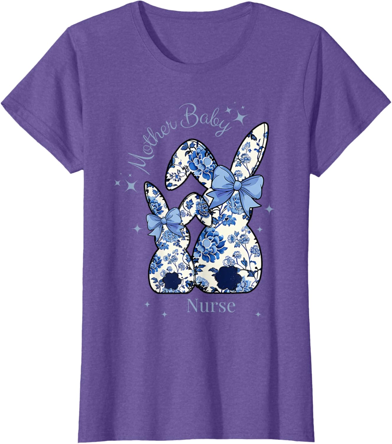 Floral Blue Coquette Bow Bunny Easter Mother Baby Nurse T-Shirt