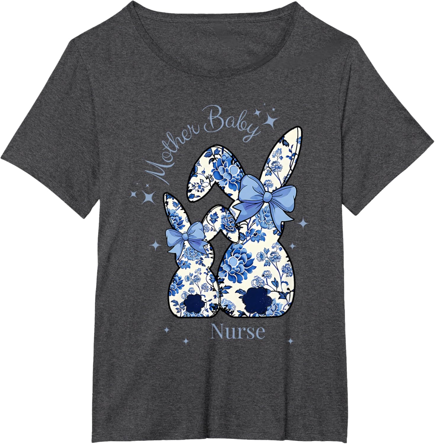 Floral Blue Coquette Bow Bunny Easter Mother Baby Nurse T-Shirt