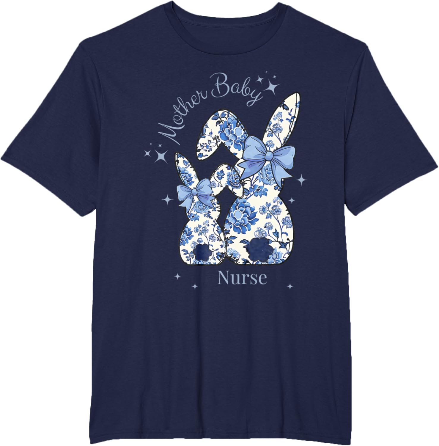 Floral Blue Coquette Bow Bunny Easter Mother Baby Nurse T-Shirt