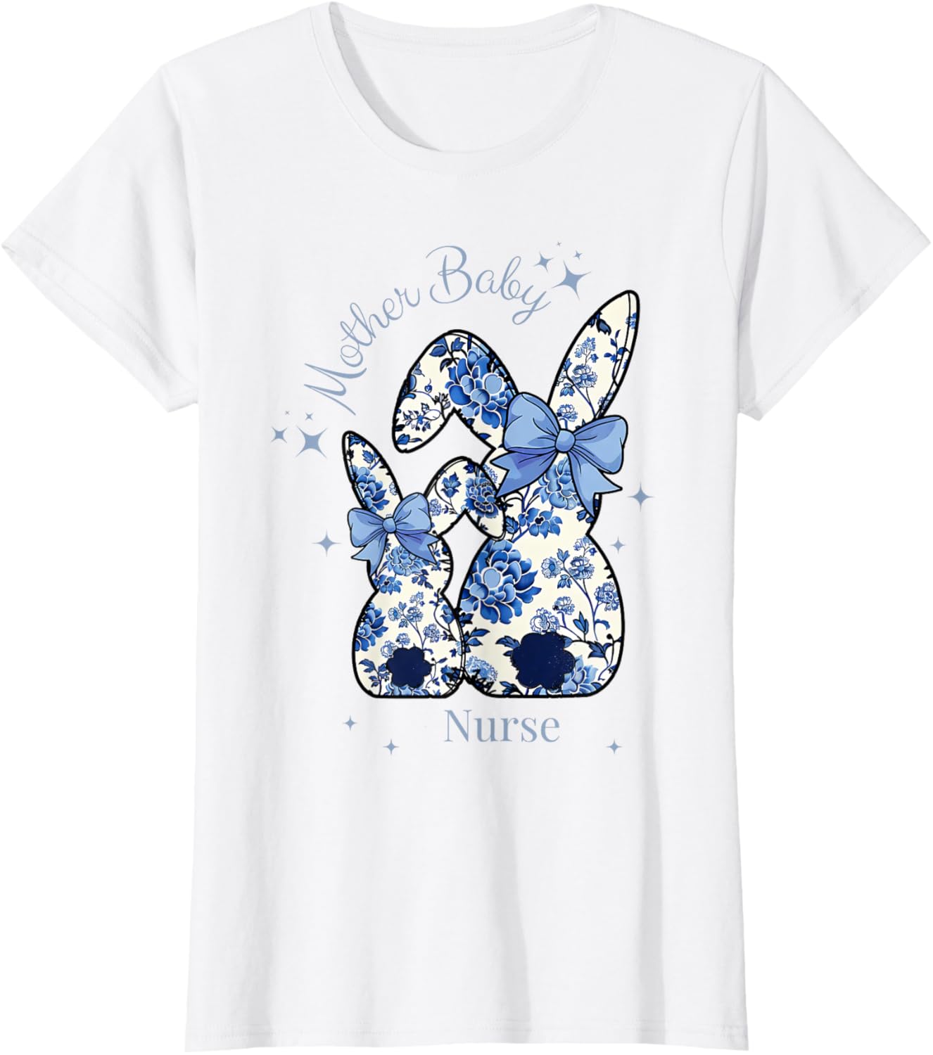 Floral Blue Coquette Bow Bunny Easter Mother Baby Nurse T-Shirt