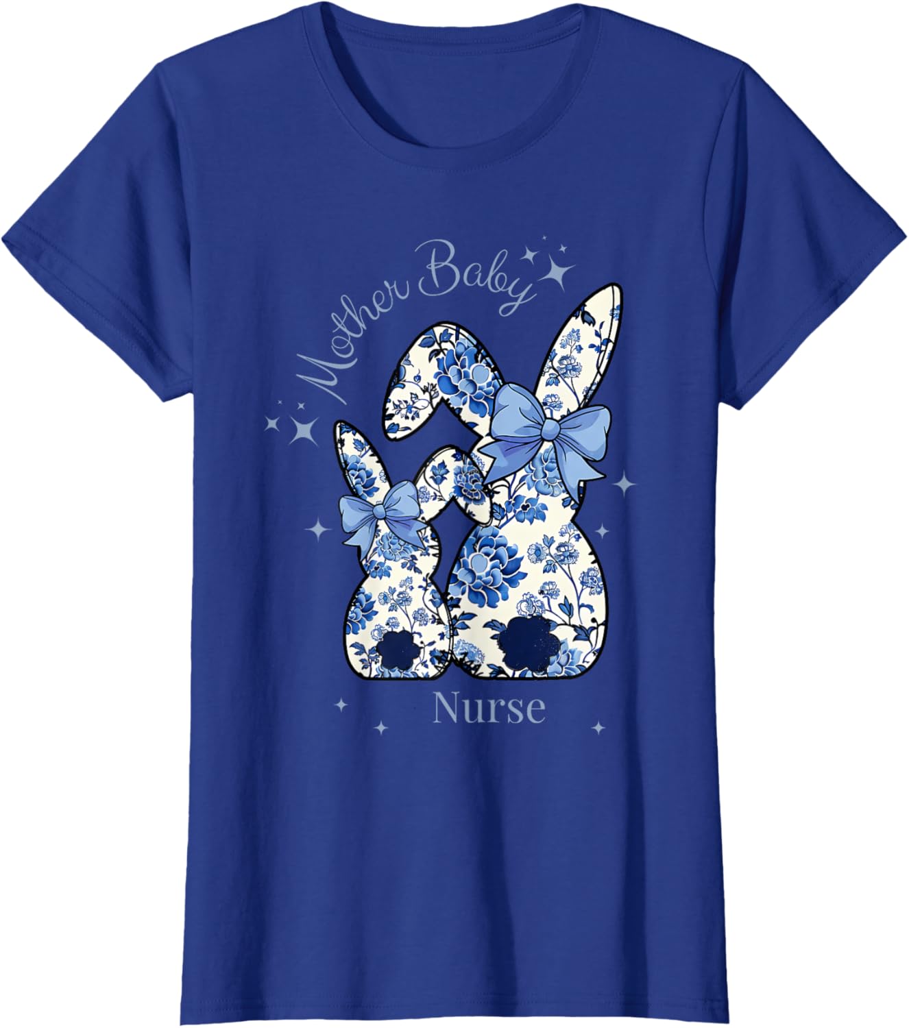 Floral Blue Coquette Bow Bunny Easter Mother Baby Nurse T-Shirt