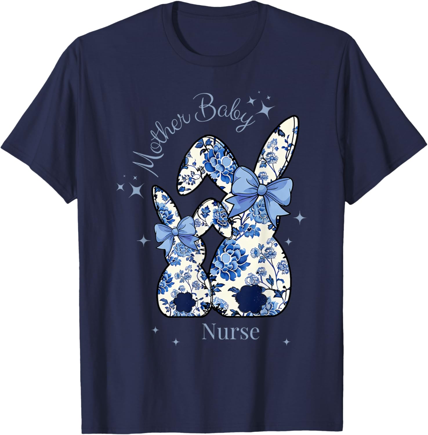 Floral Blue Coquette Bow Bunny Easter Mother Baby Nurse T-Shirt