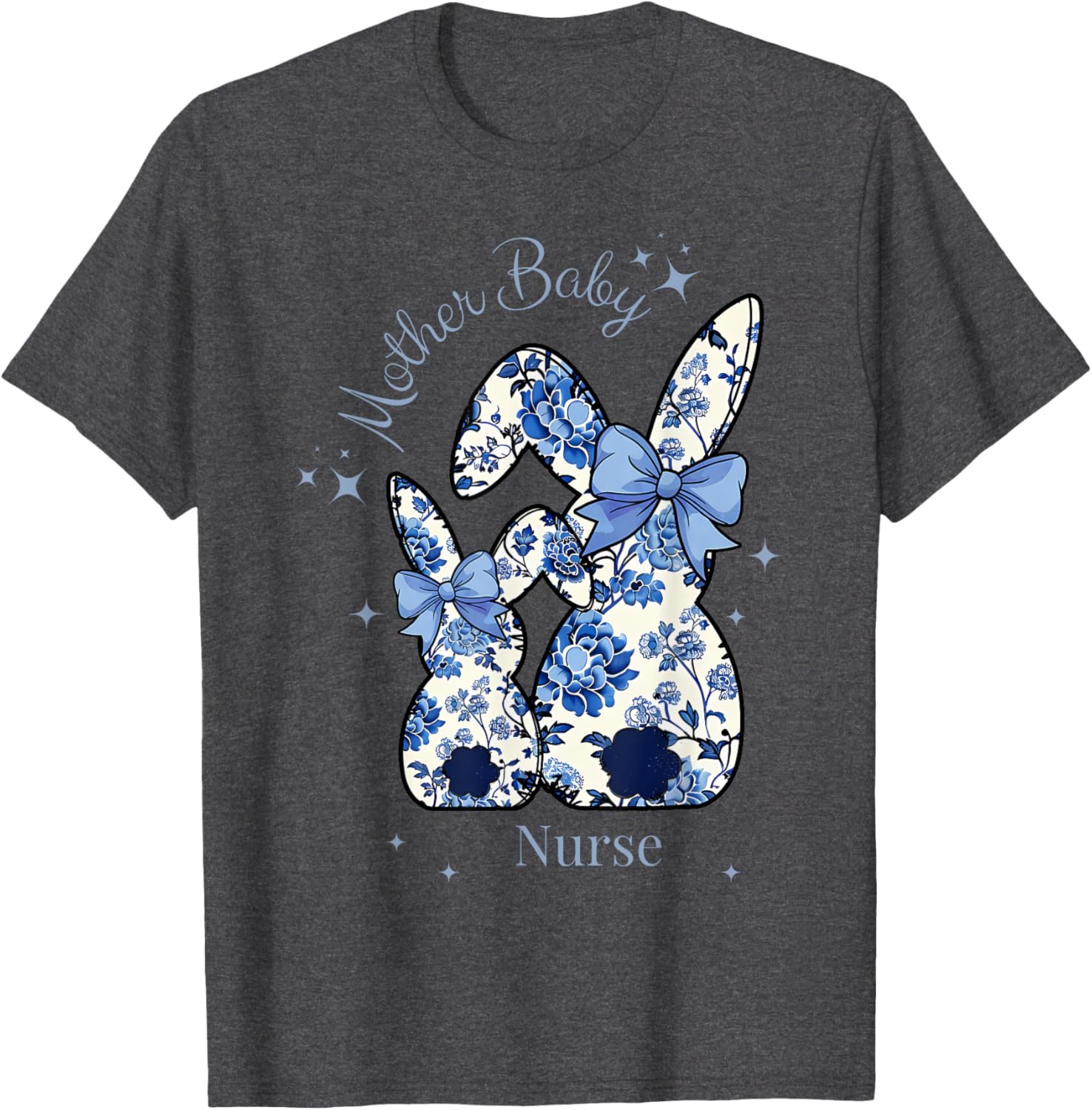 Floral Blue Coquette Bow Bunny Easter Mother Baby Nurse T-Shirt