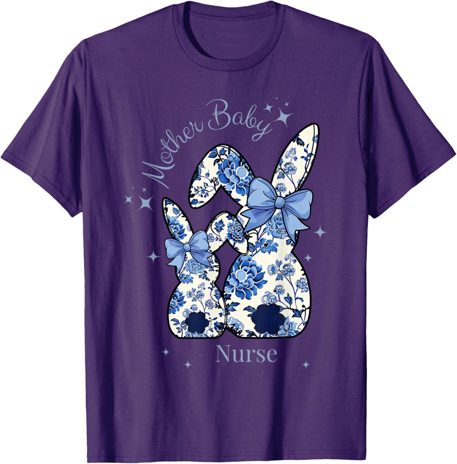 Floral Blue Coquette Bow Bunny Easter Mother Baby Nurse T-Shirt