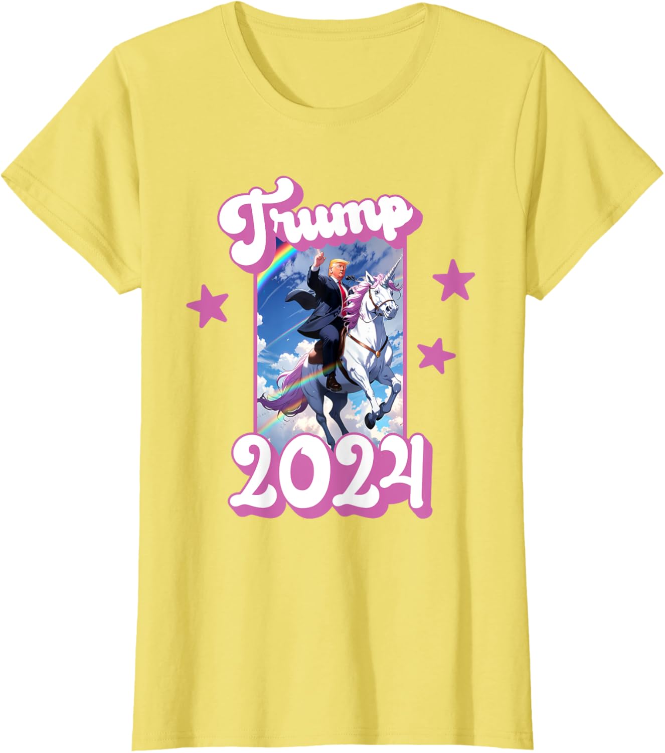 Funny Donald Trump Riding an Unicorn. Pink Trump 2024 Girl T-Shirt