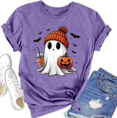 Halloween Shirts for Women Cute Ghost Shirt Fall Pumpkin Tshirt Coffee Lover Graphic Tees casual Short Sleeve Tops